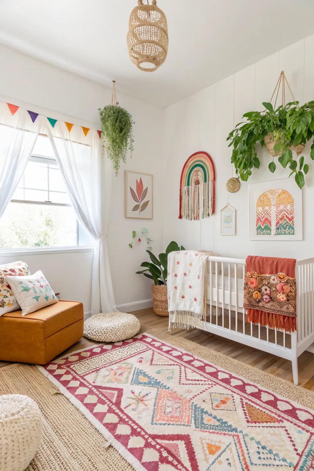 Boho aesthetics with radiant whites establish a fresh and gender-neutral nursery.
