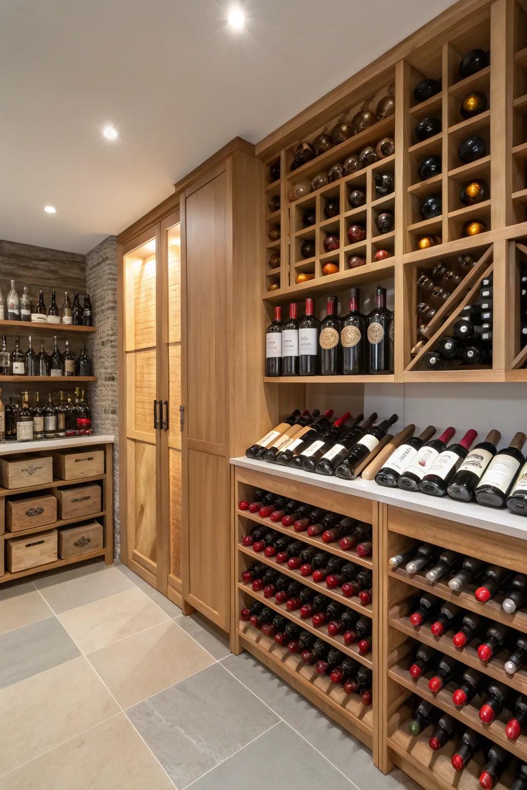 A pantry equipped with a stylish beverage storage area for enthusiasts.