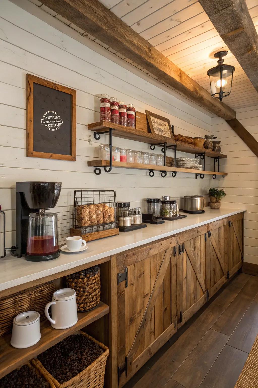 Rustic elements magnify the warmth and snug feel of the coffee bar.