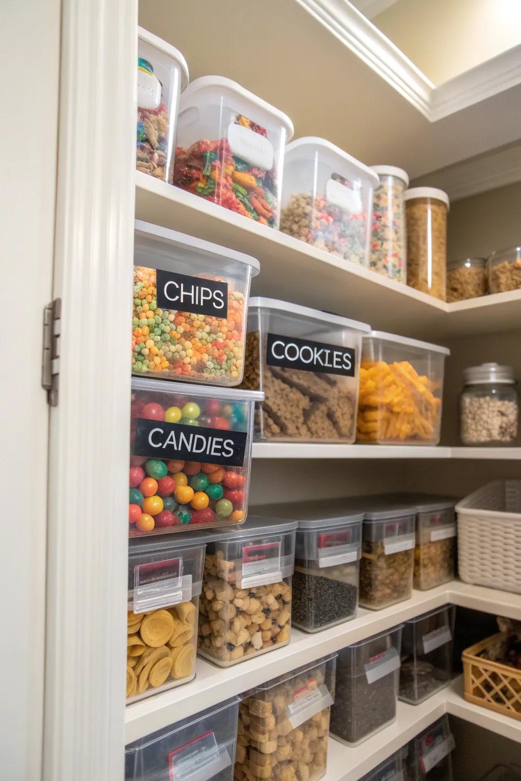 Modular bins inside a pantry provide organized sorting for munchies and smaller articles.
