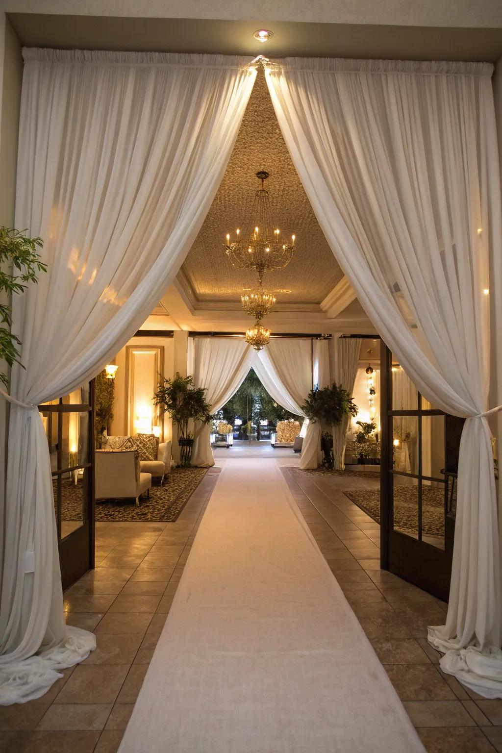 Chic textile pathways guide attendees elegantly into the party.