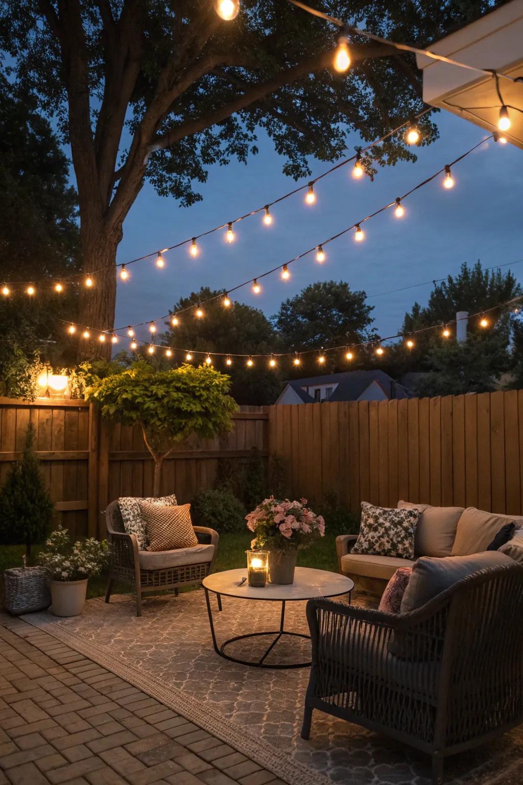 Hanging lights transform your patio into an enchanting space.
