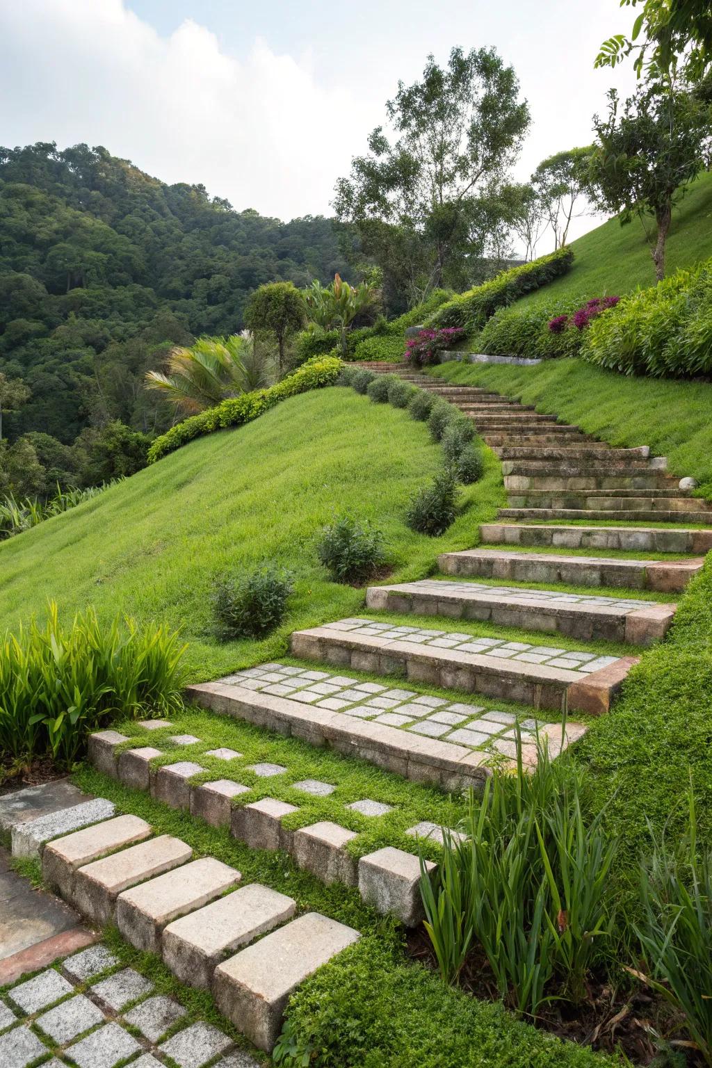 Tiered steps are a wonderful way to use sloped areas.