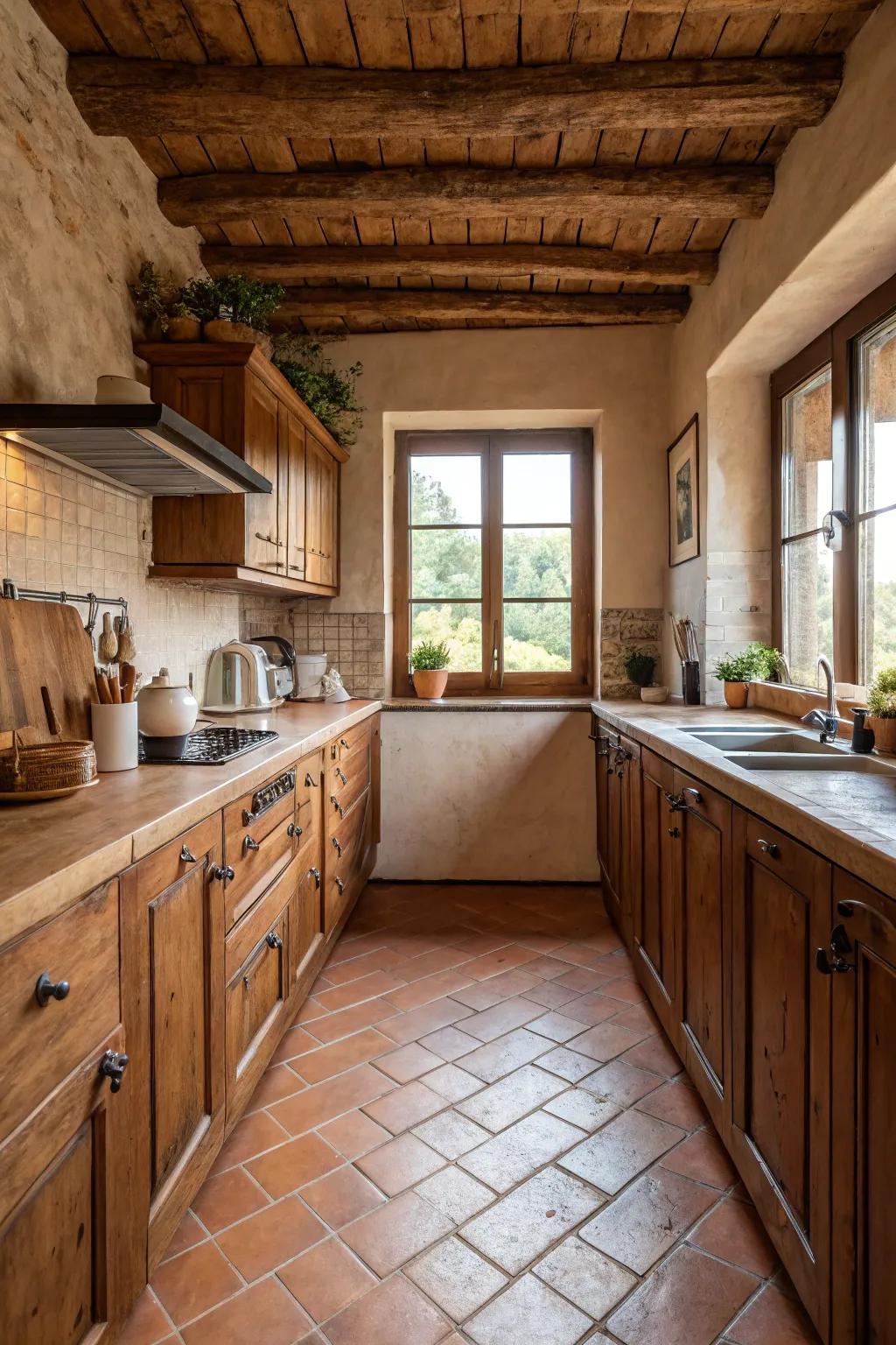 Terracotta tiles bring Mediterranean warmth to kitchens.