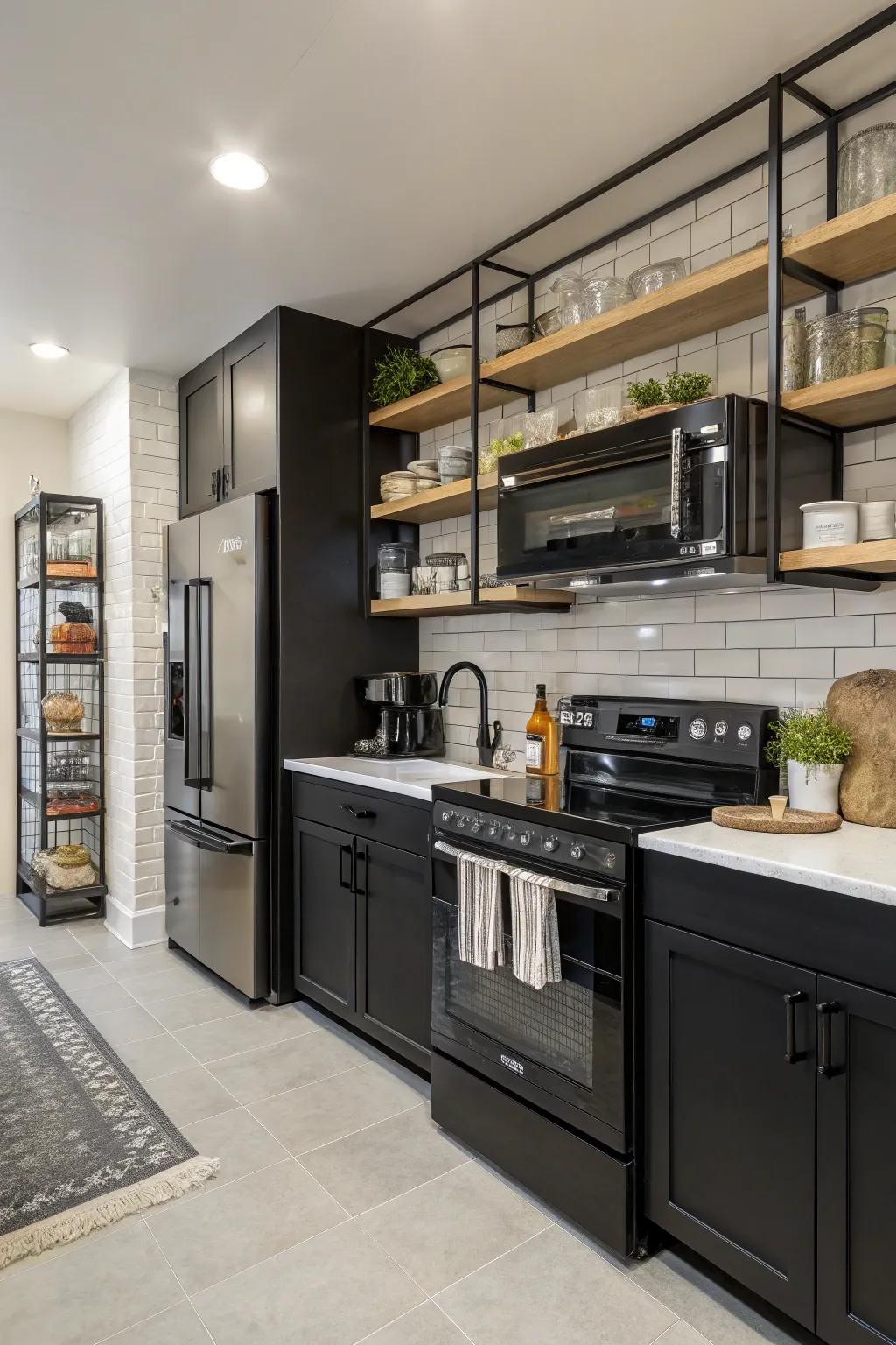 Exposed shelves complement sleek appliances and add style.