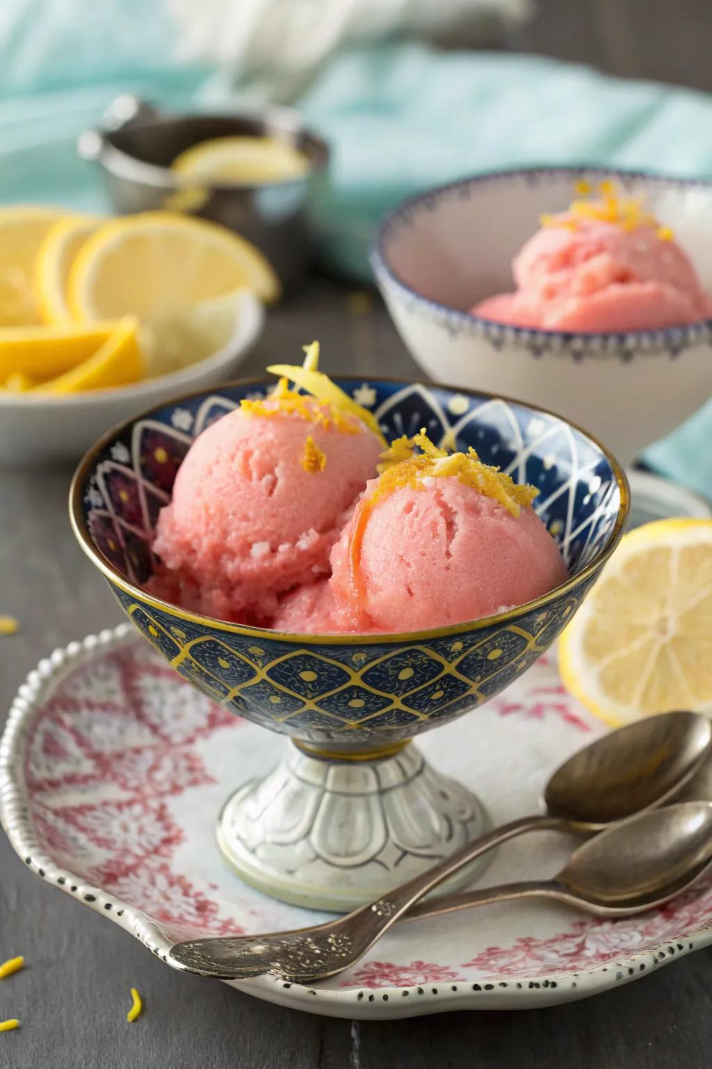 Rosy lemonade sherbet is a revitalizing and tangy dessert.
