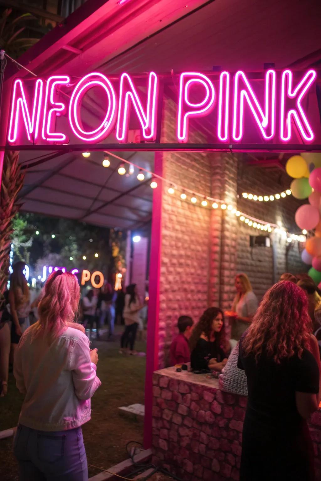 A neon pink sign adds flair and glam to the party decor.