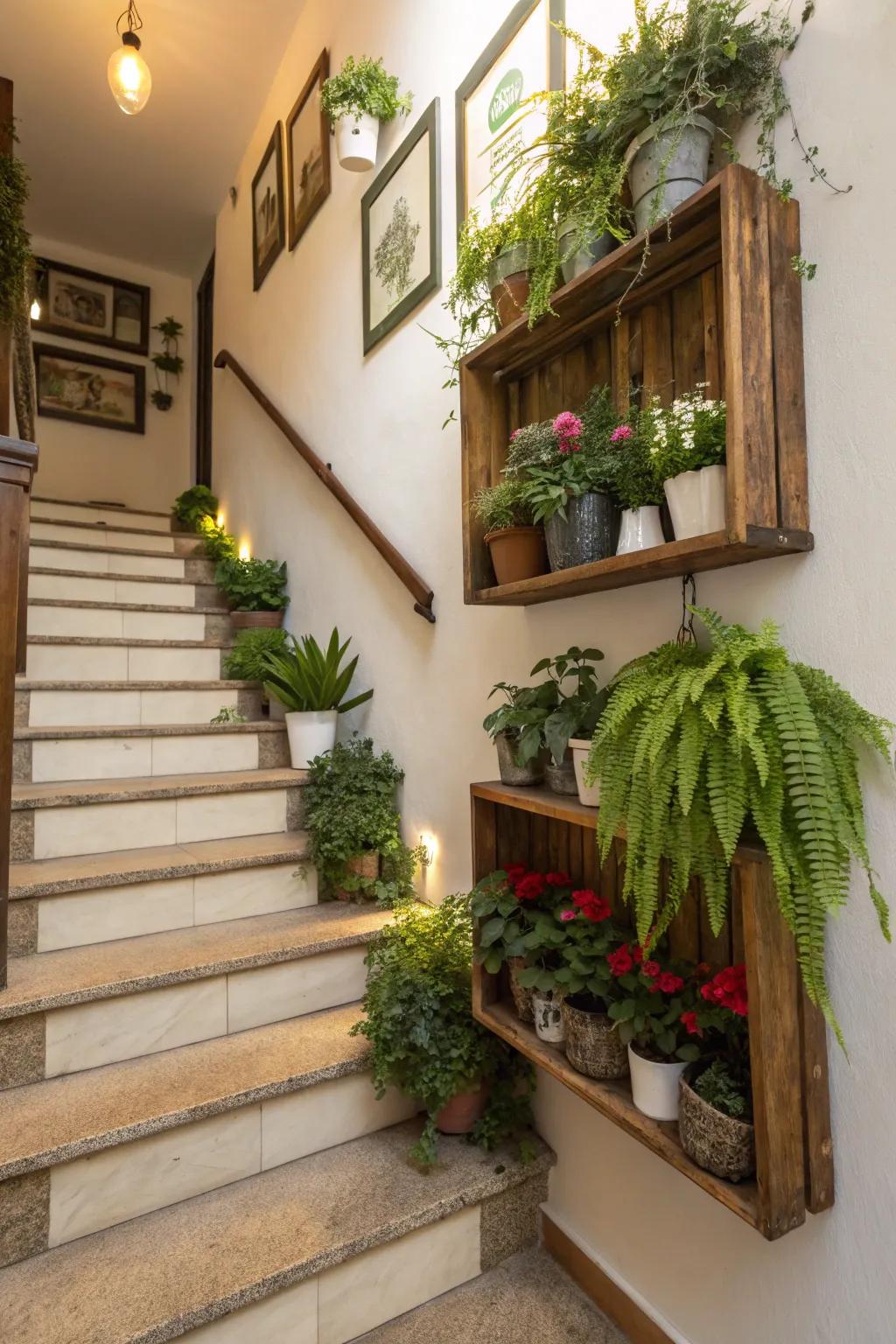Incorporate a dynamic accent with staircase plant shelves.