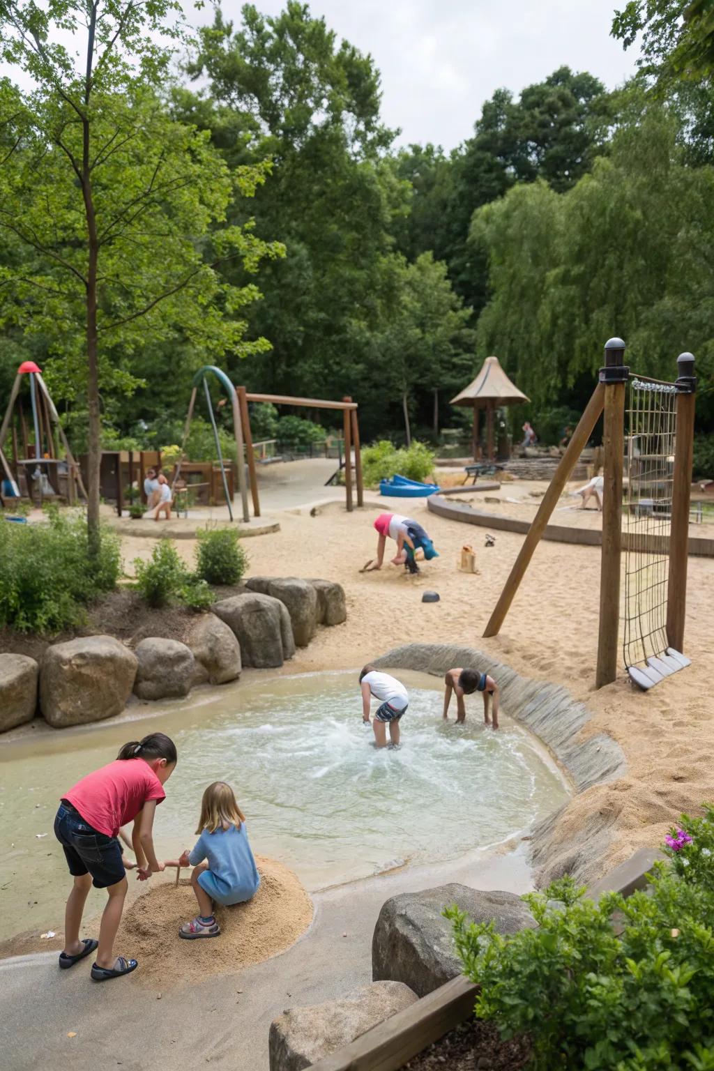 Sand and water zones offer sensory-rich play experiences.