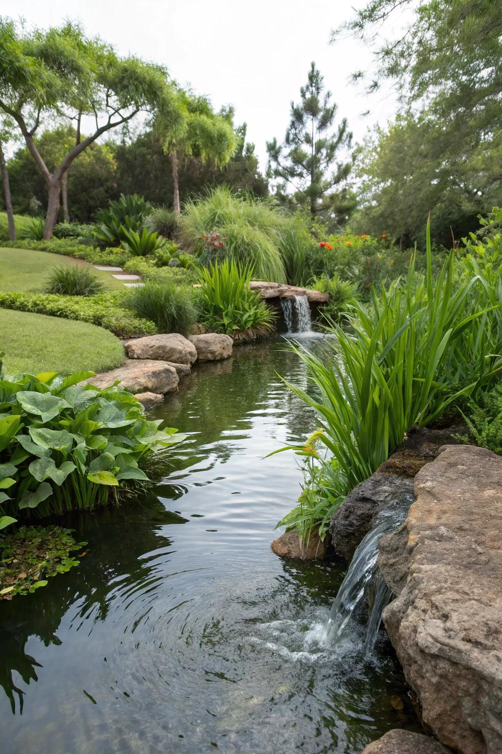 Trickling streams link different sections of the pond, crafting comforting sounds.