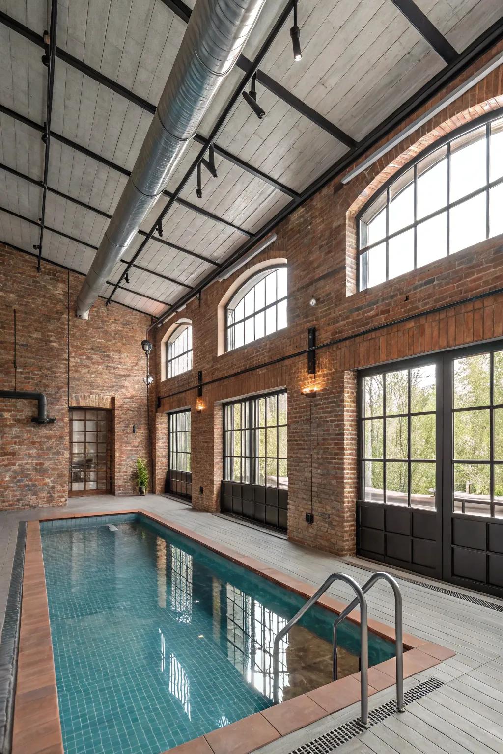 A pool house presenting a chic industrial theme.