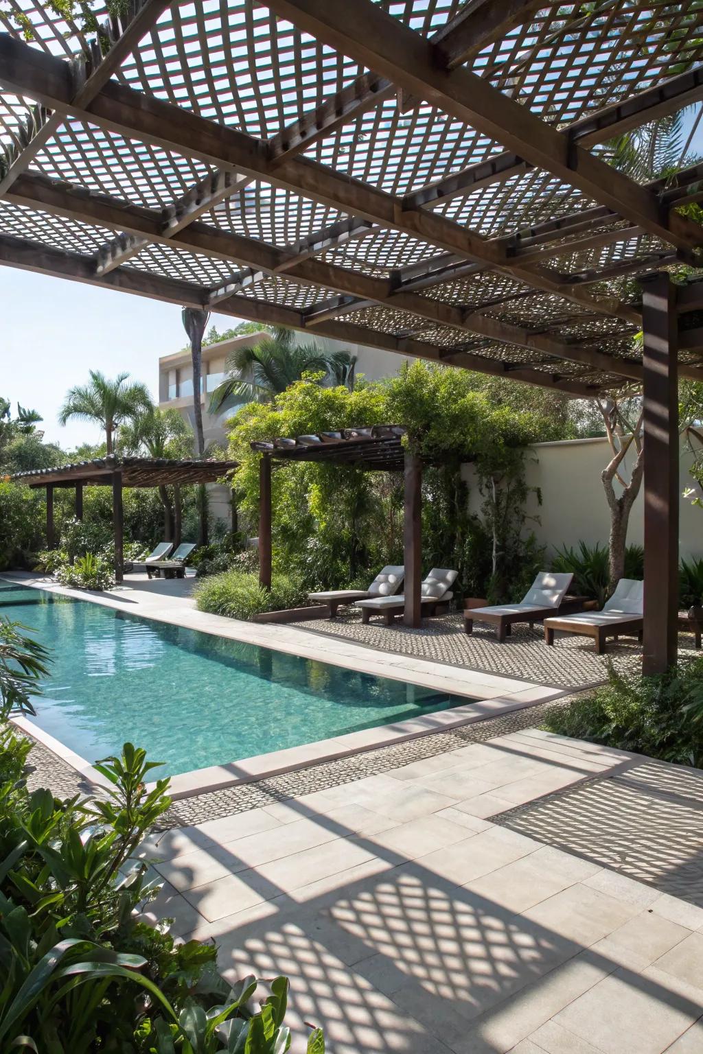 Intricate light and shadow patterns fashion a dynamic poolside atmosphere.
