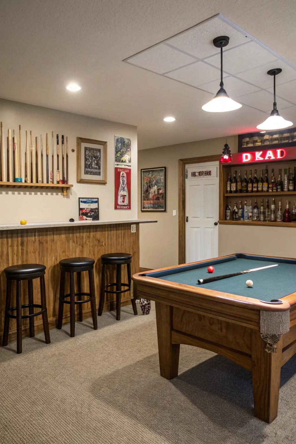A small bar area complements the pool table, creating a cozy entertainment nook.
