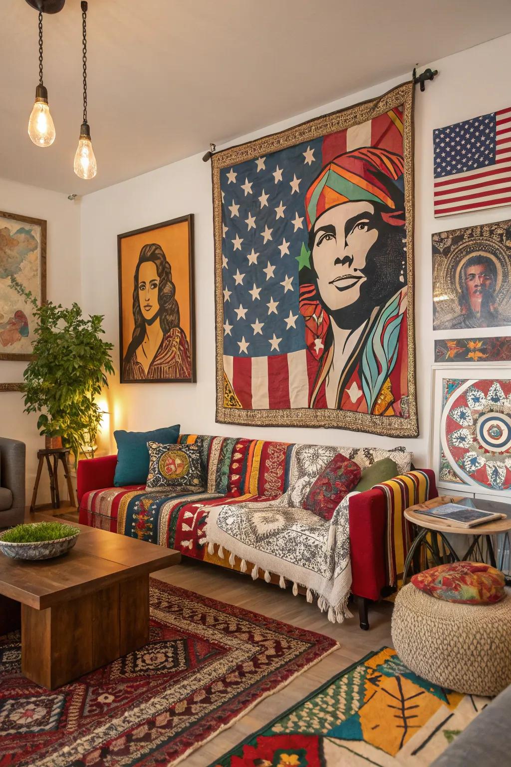 A unique artistic pop representation painting featuring a cultural blend in a bohemian space.