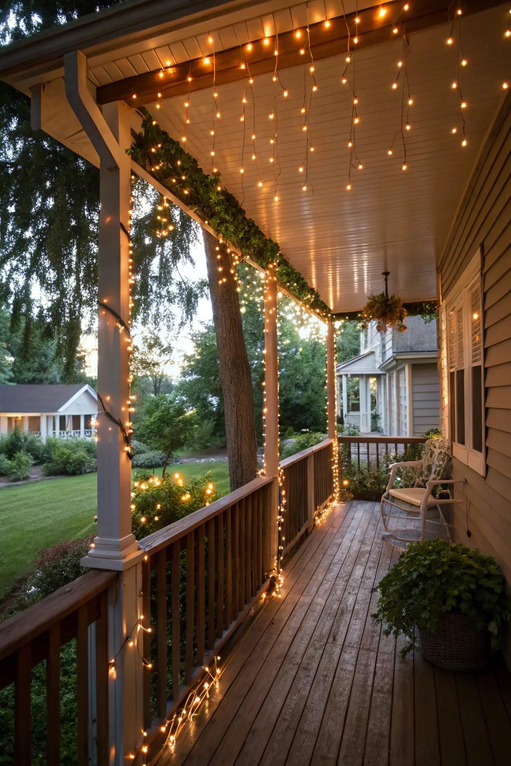 A porch expansion with enchanting fairy lights.