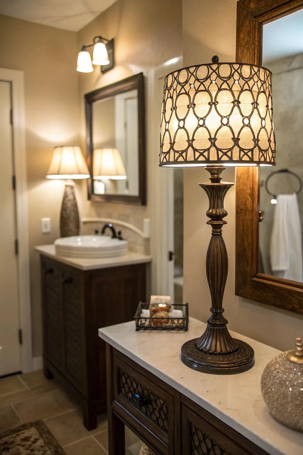 An artistic lamp acts as a bold statement piece.