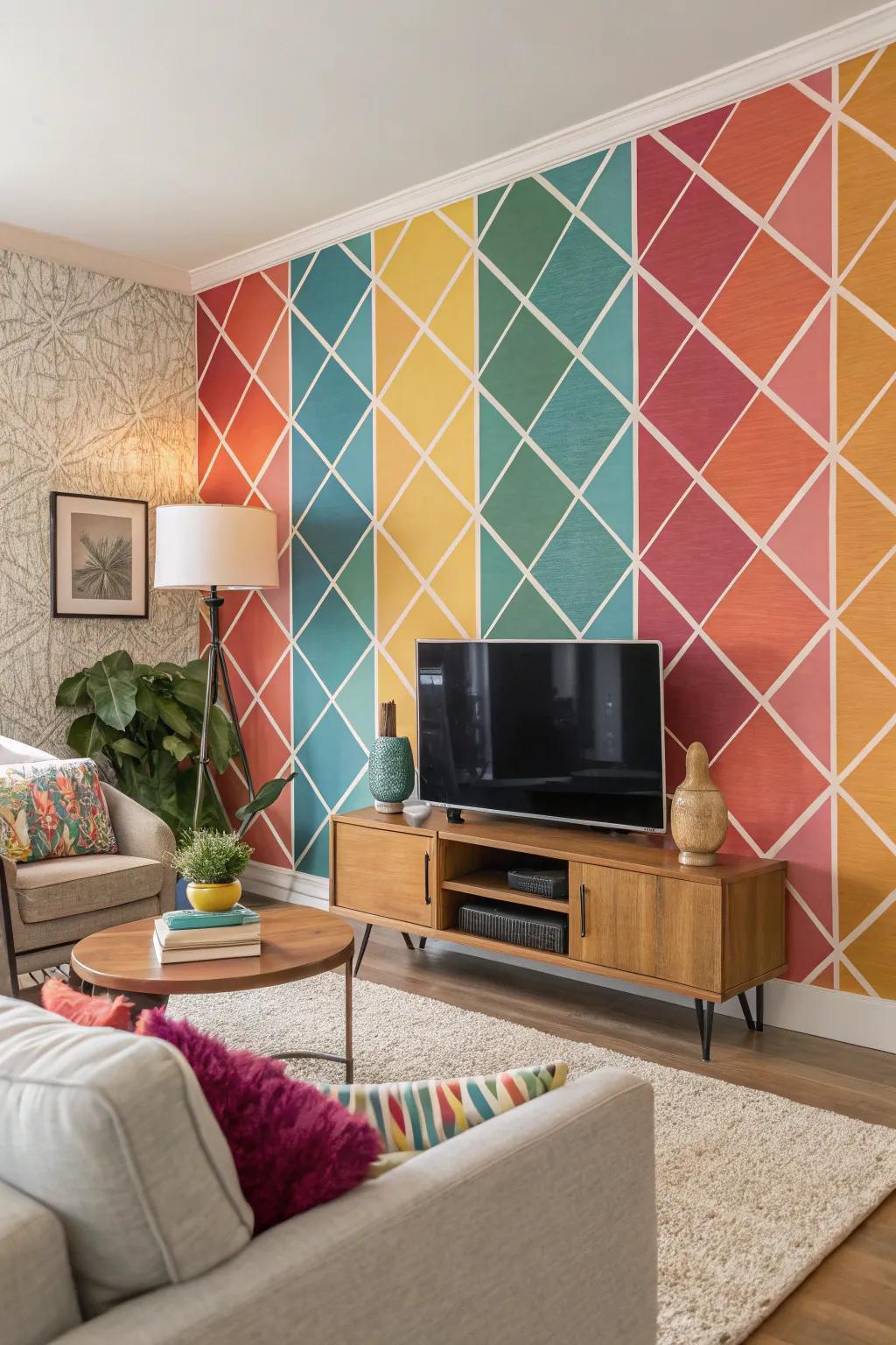 Hue blocks fashion a striking and energetic ambiance.