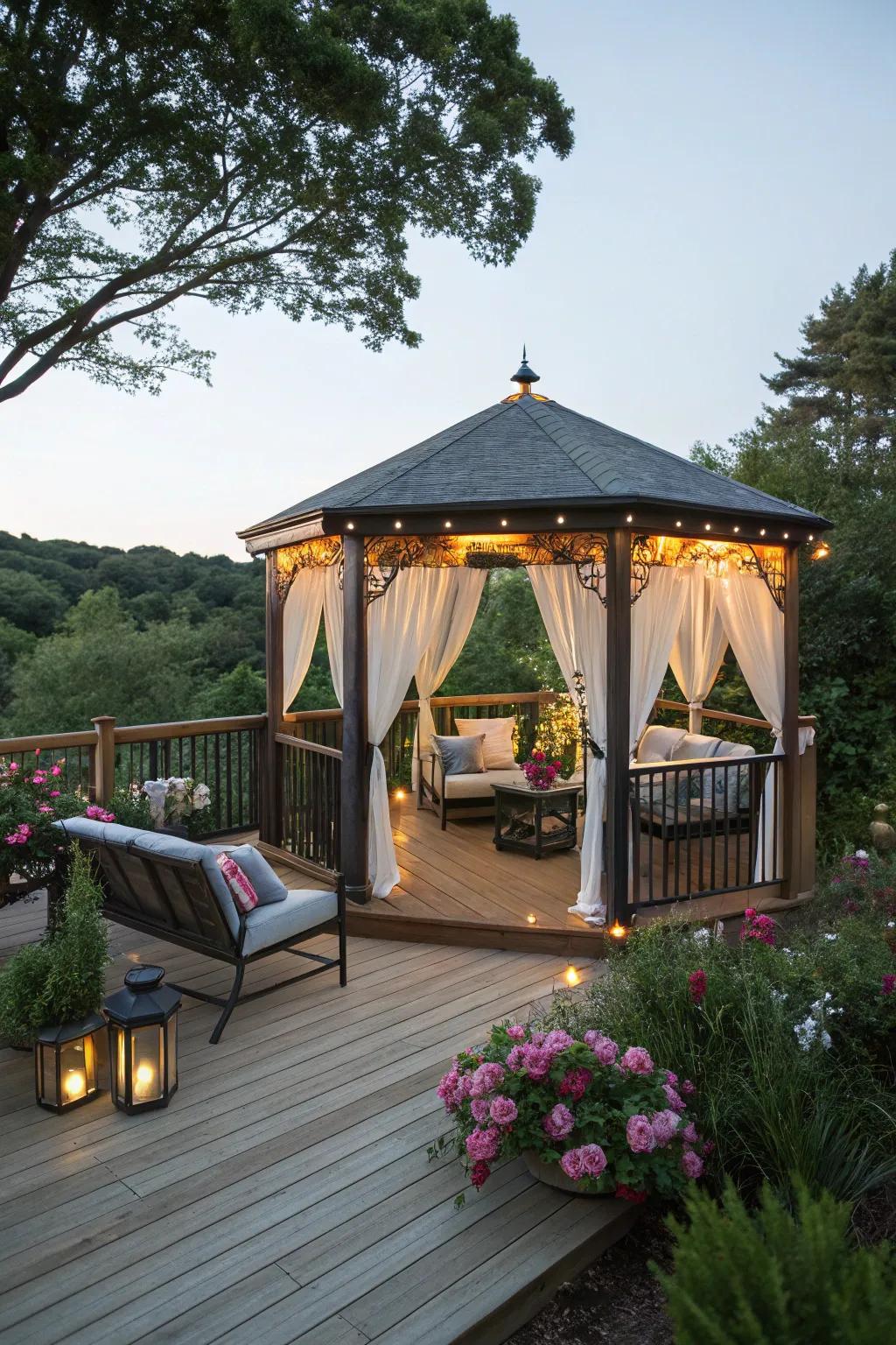 A snug gazebo renders seclusion and an intimate setting on a deck.
