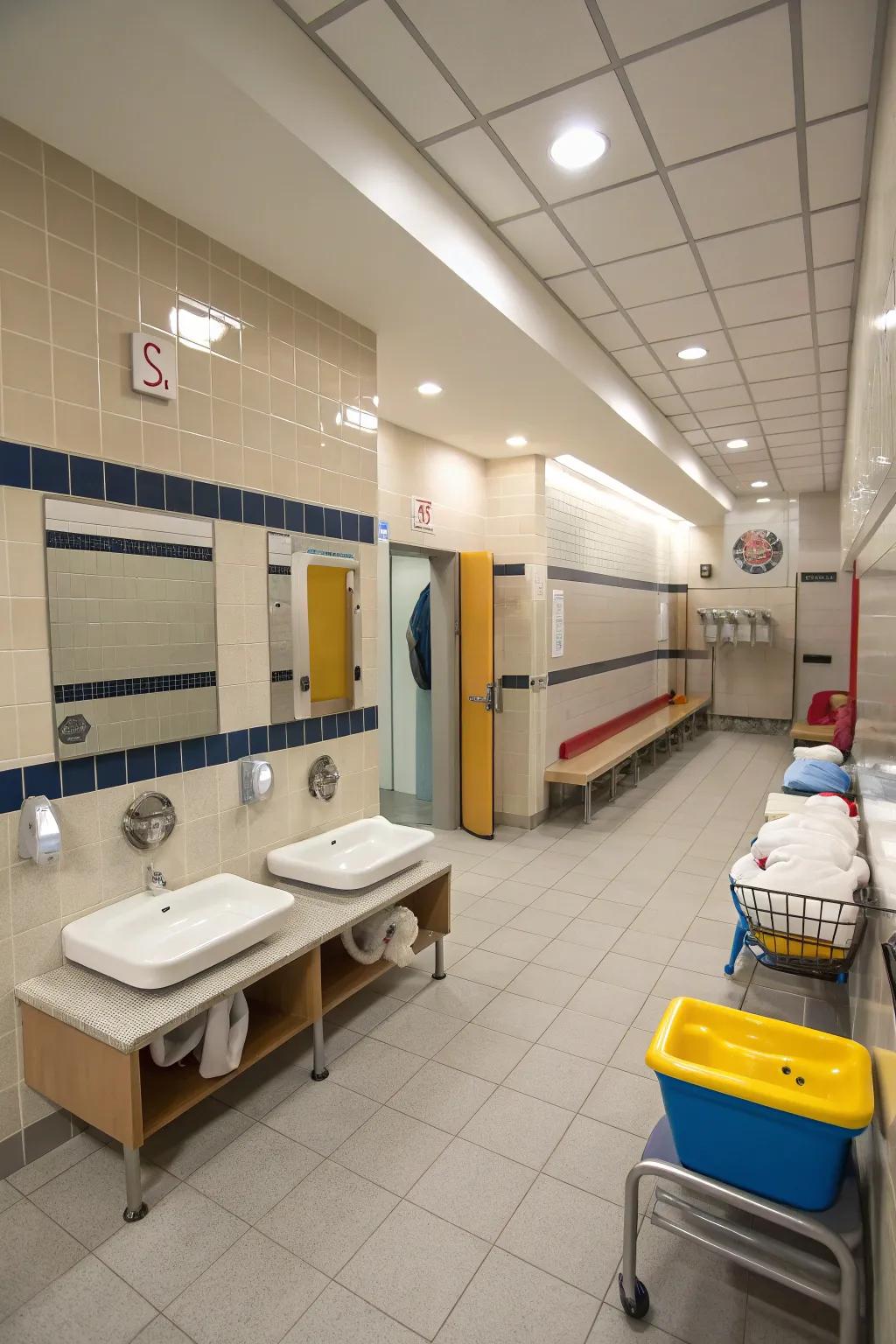 Versatile spaces add convenience to public bathroom design.