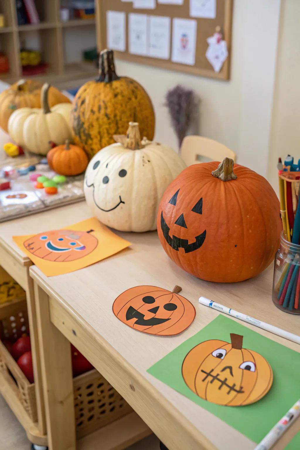 Pumpkins with fanciful paper cutout faces.