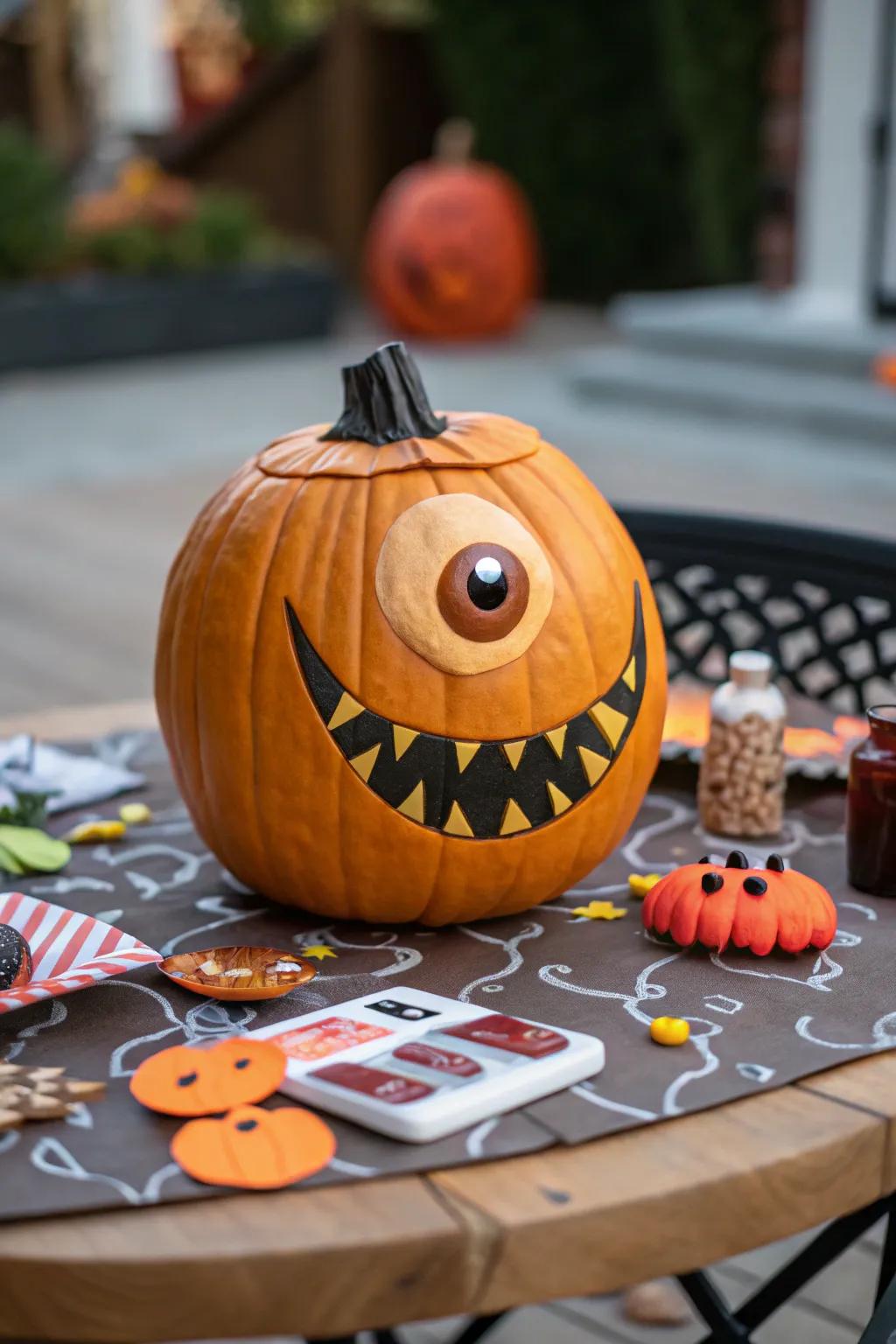 Unique one-eyed pumpkin that is both cheerful and original.