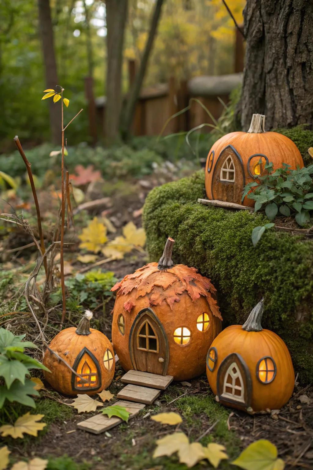 Charming miniature pumpkin houses in the garden.