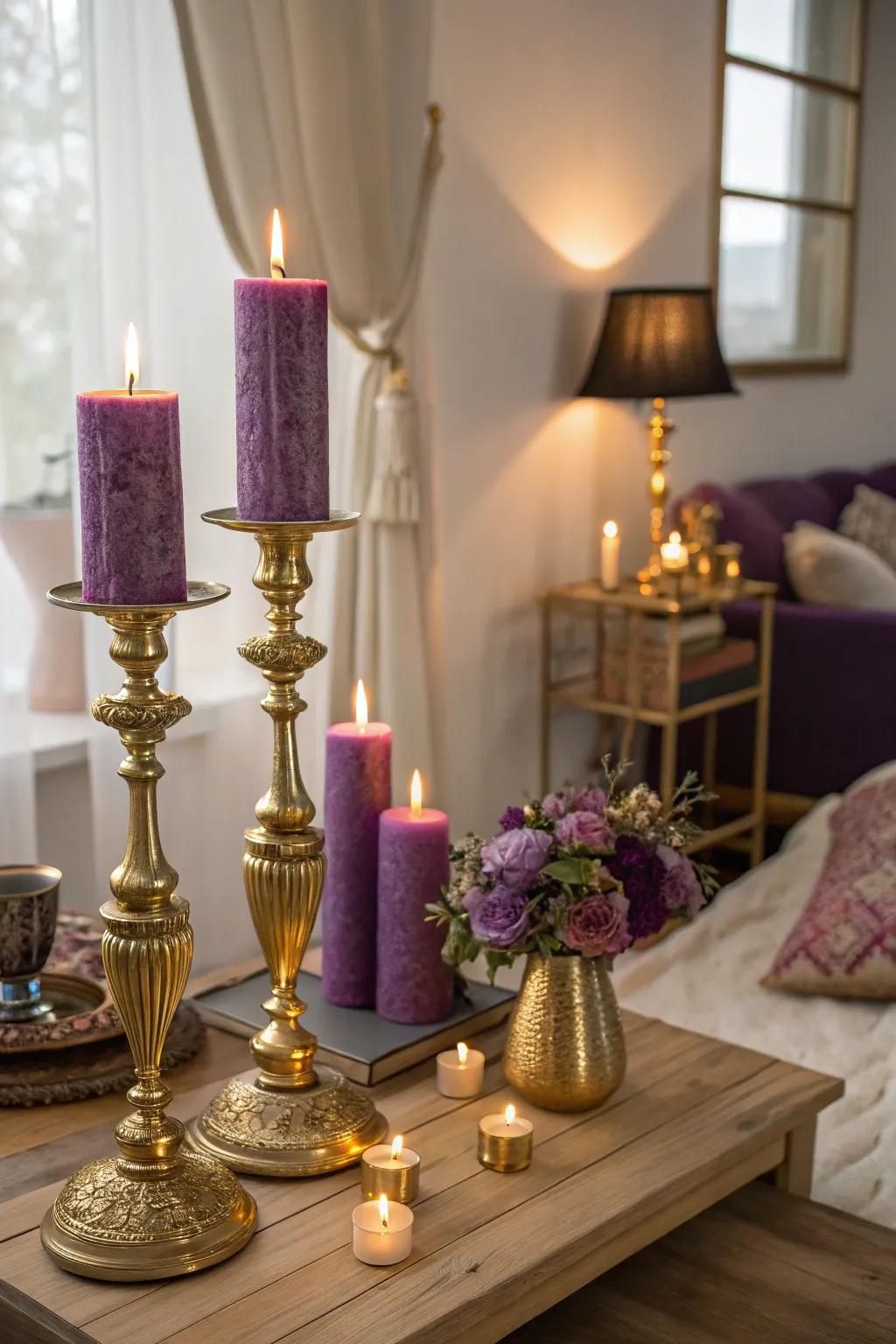 Gold candle holders with purple candles create a cozy and romantic vibe.
