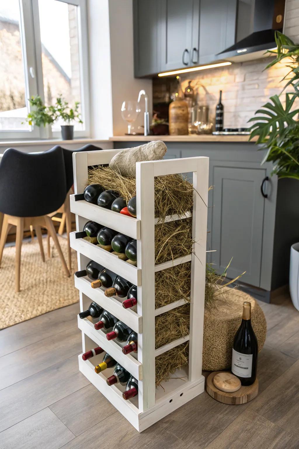 A wine rack is cleverly storing hay.
