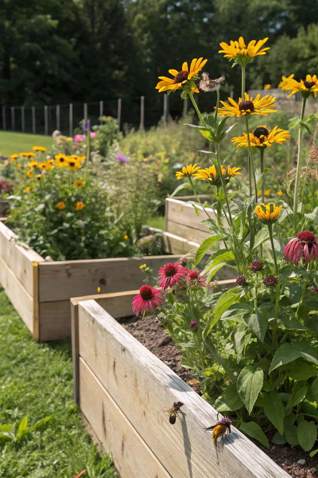 Pollinator-friendly beds encourage bees and butterflies.