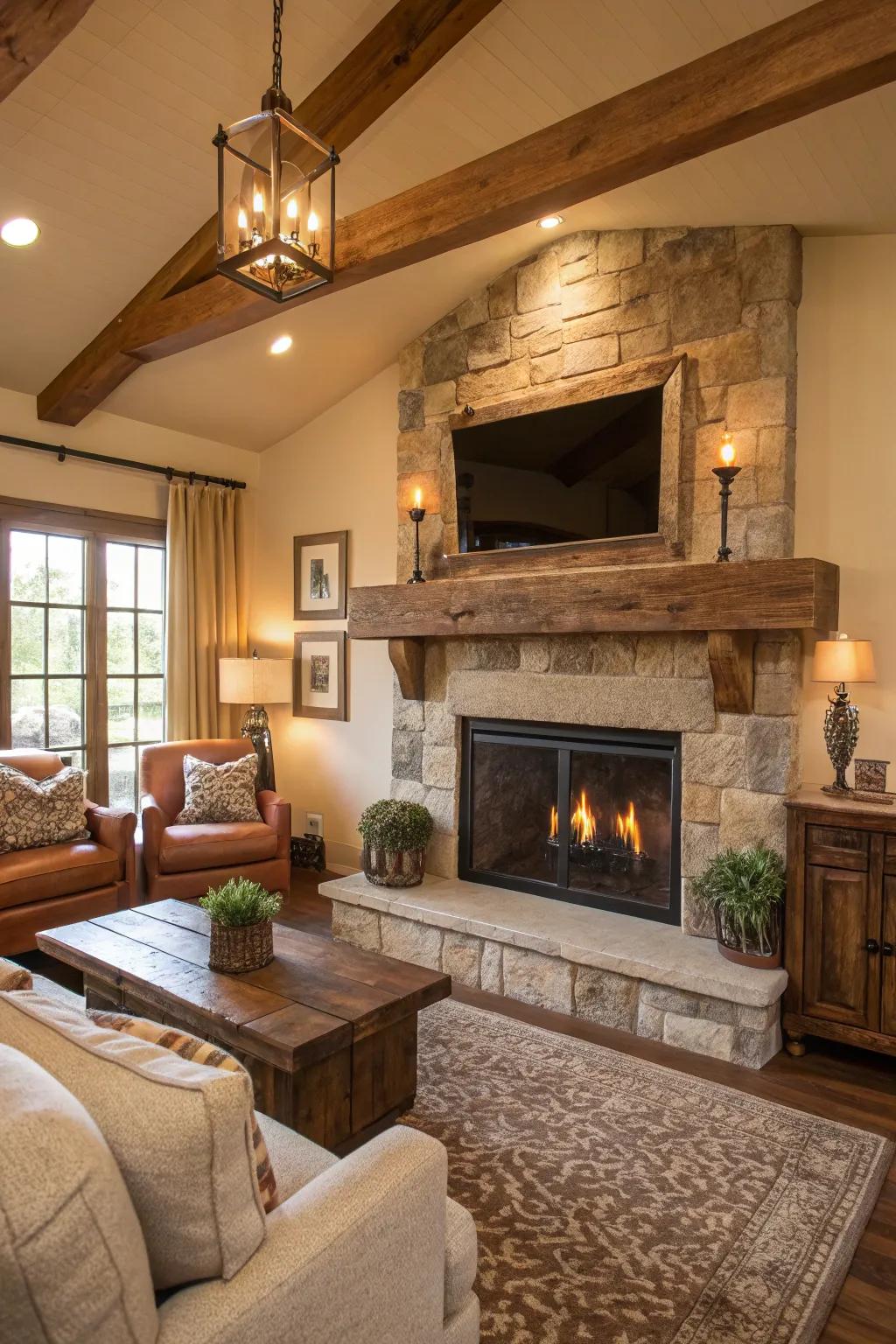 A custom mantel transforms the fireplace into a cozy focal point in this ranch house.