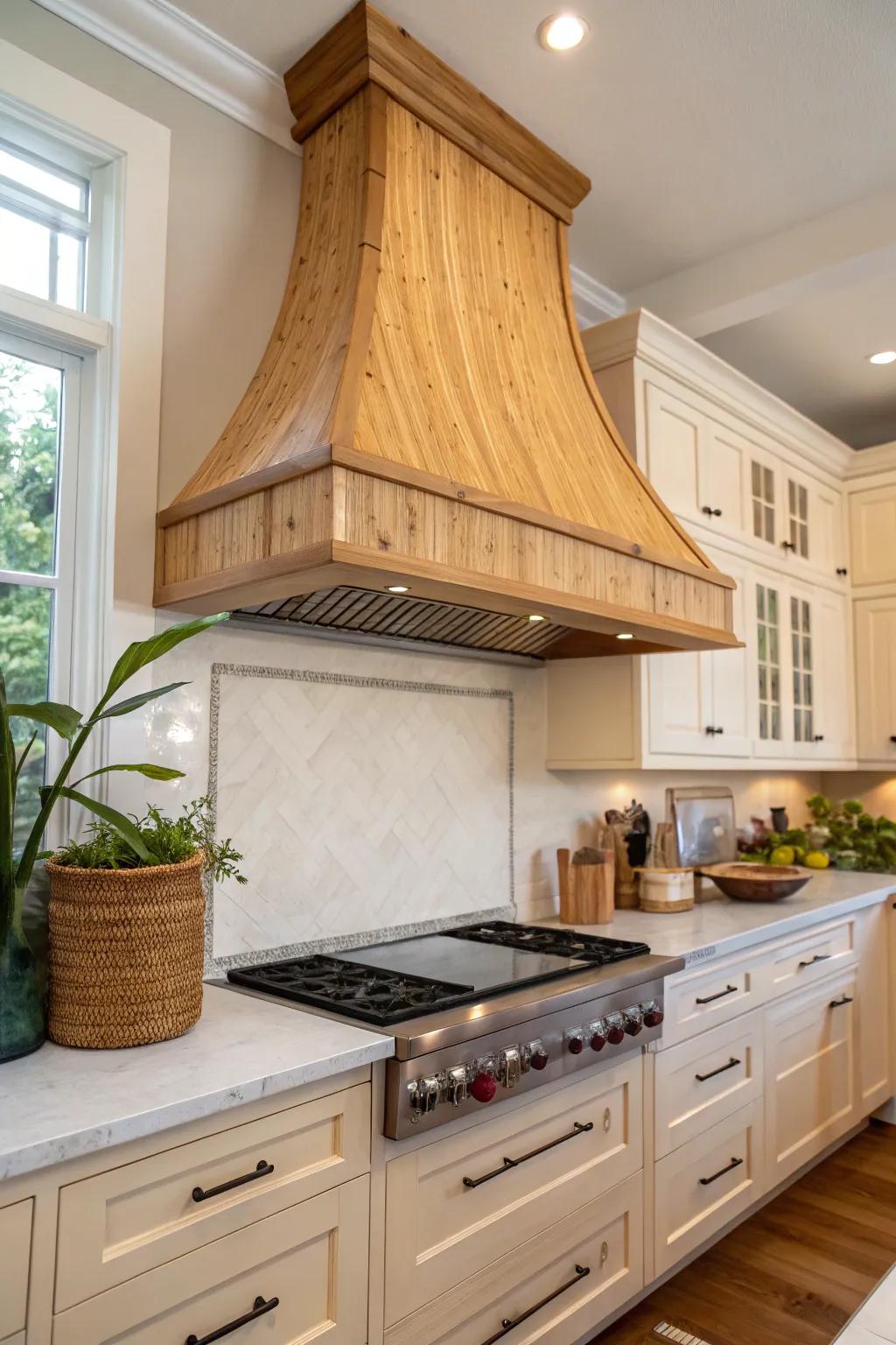 A bamboo range hood cover combines natural beauty with a commitment to sustainability.