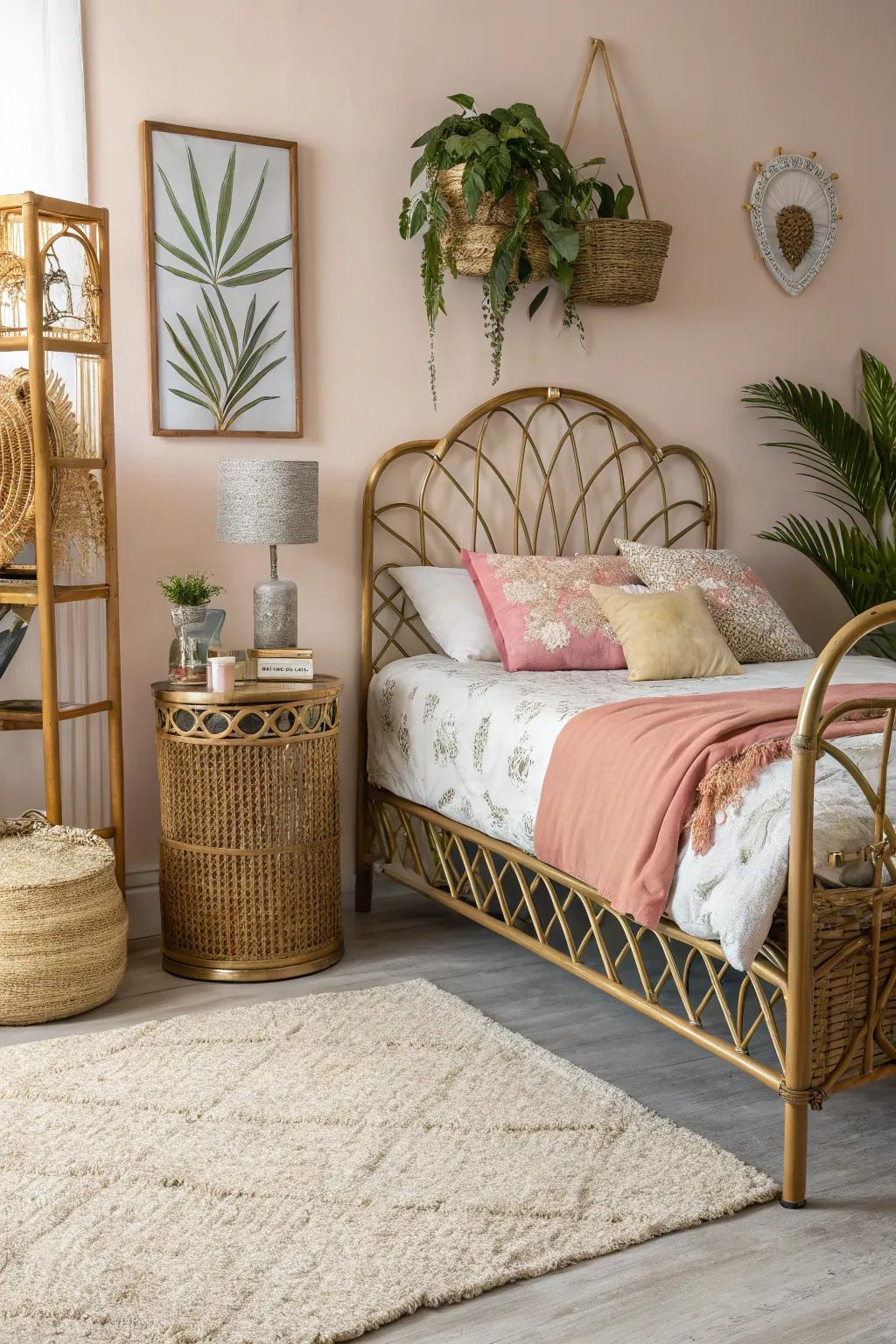 Rattan and metal create an edgy, chic bedroom style.