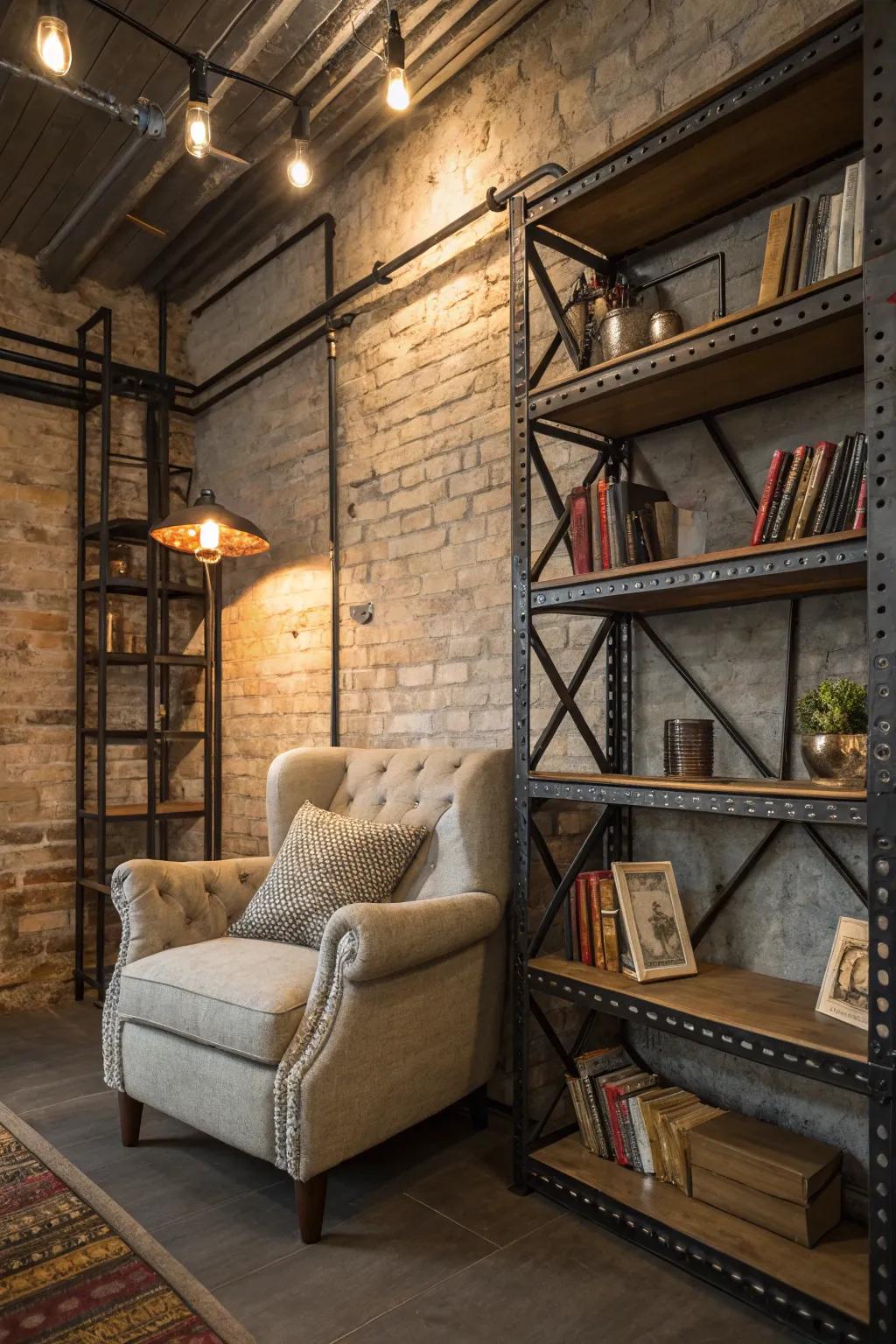 An industrial reading nook enhanced with a cozy twist.