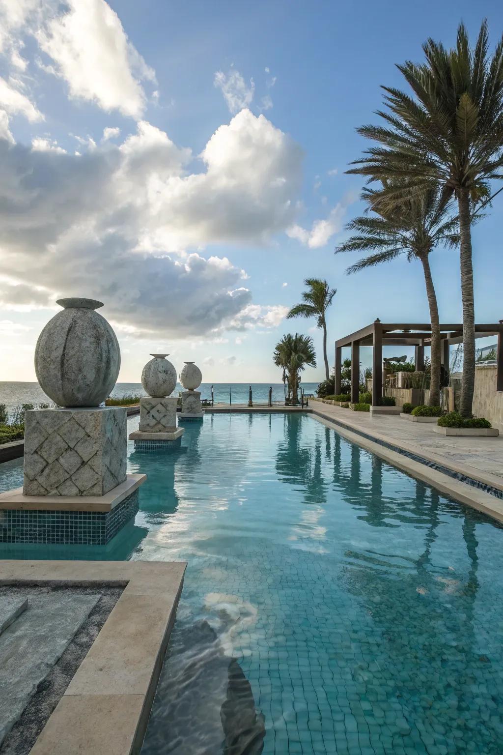 Sculpted art parts add a creative flair to the poolside.