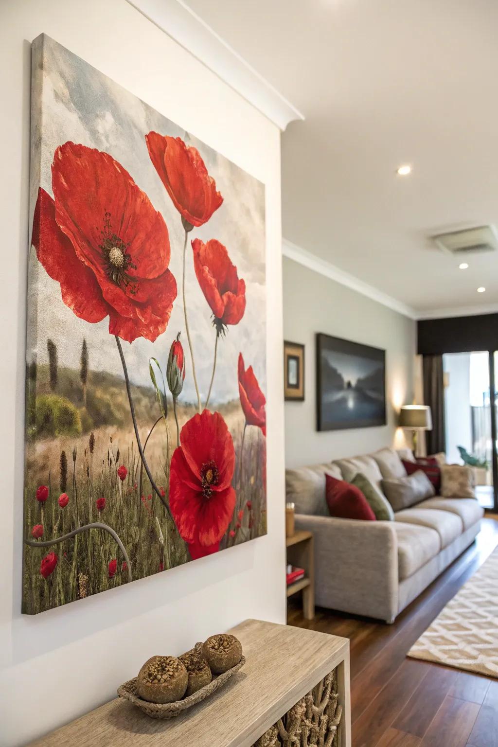 Crimson-themed wall artistry contributing a celebratory impression to the chamber.