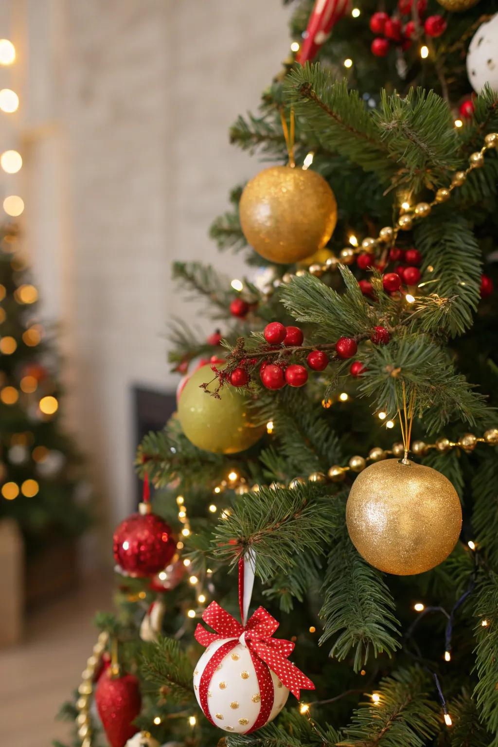 Gilded-painted fruit ornaments add a unique twist to the tree.
