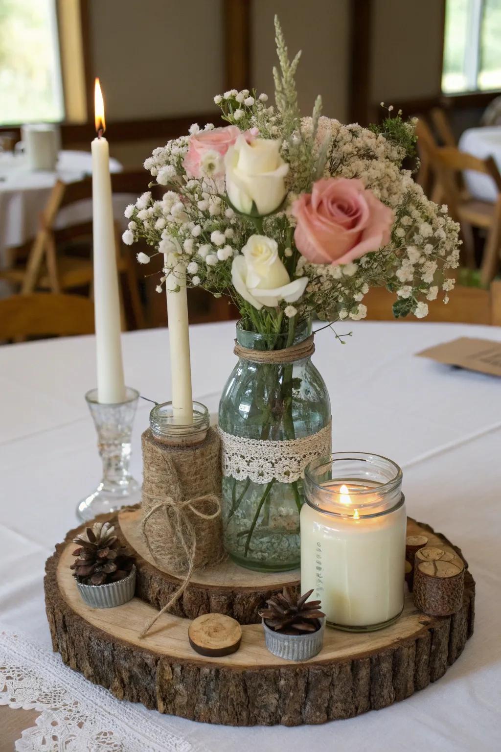 A charming centerpiece with unconventional elements.