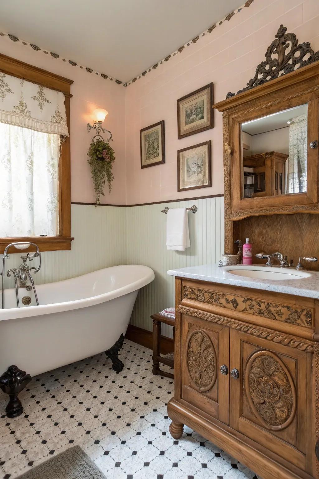 Repurposed antique furniture infuses singular persona and allure to a retro lavatory.