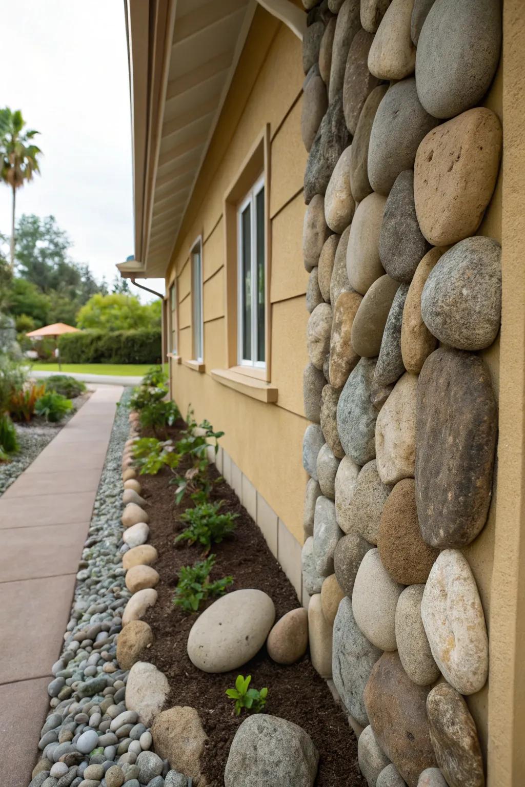 An artful stone design contributes splendor and protection to this home’s foundation.