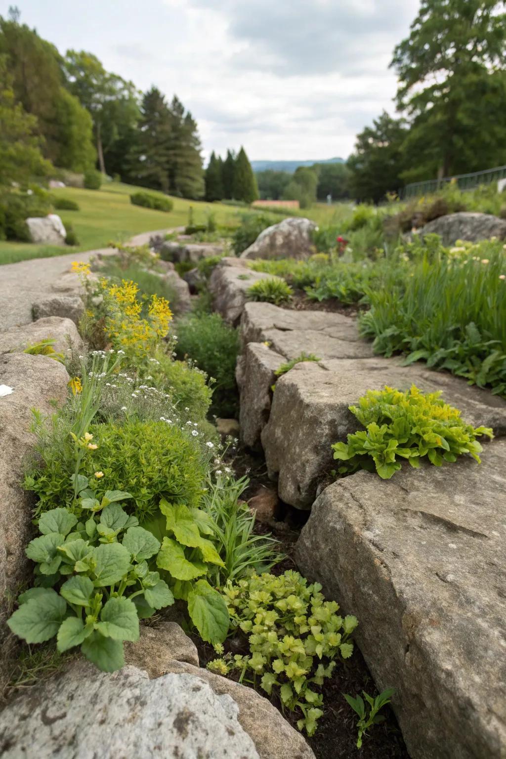 Plants in rock crevices add unexpected greenery.