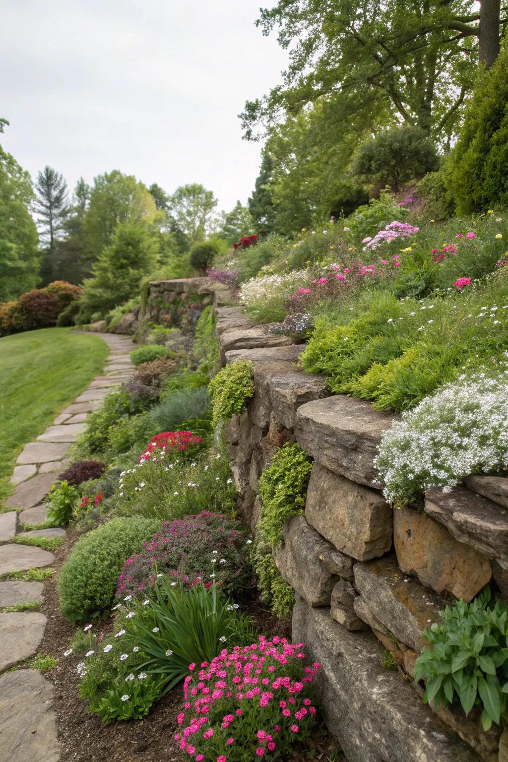Stone walls introduce structure and charm to outdoor spaces.