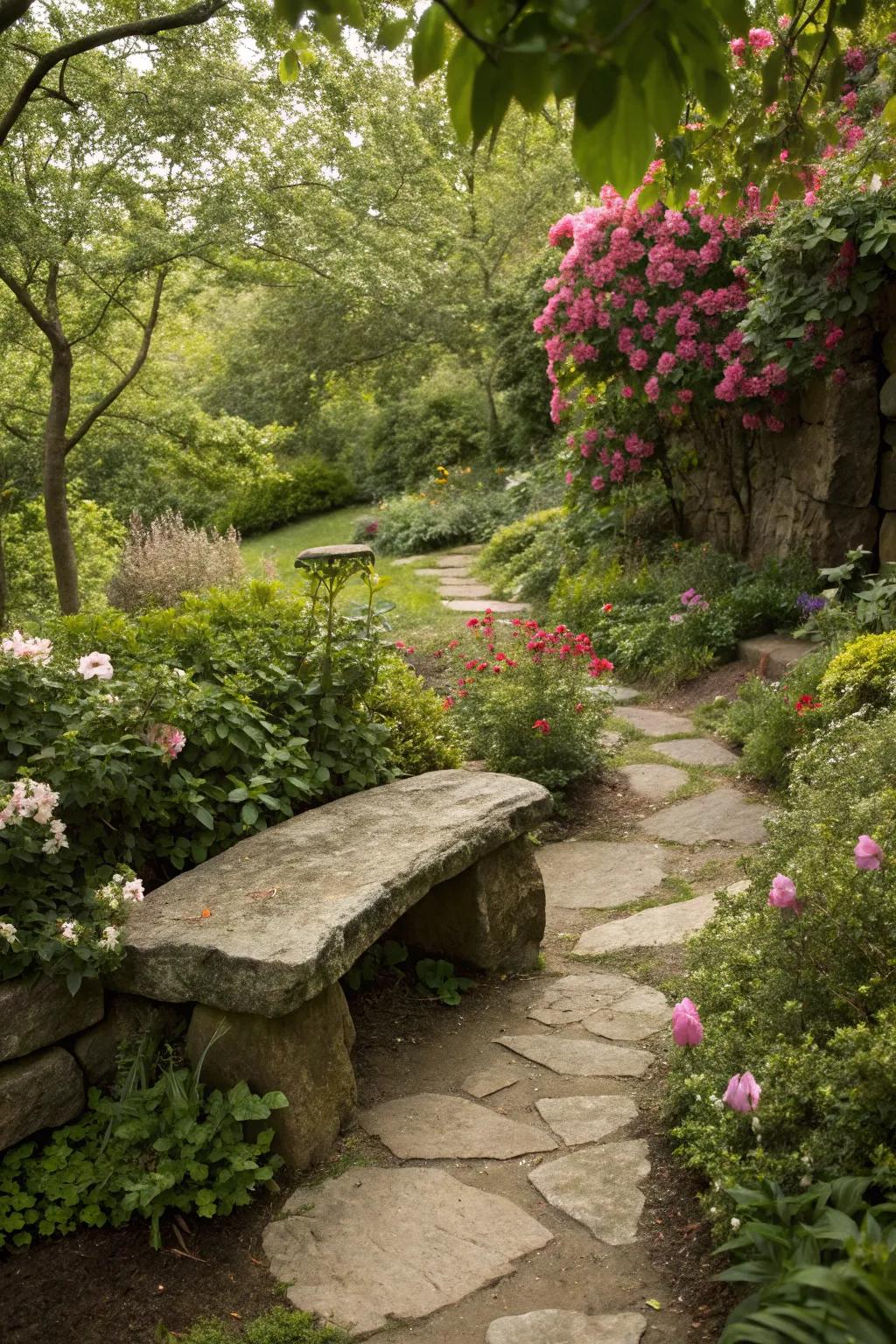 An authentic stone bench providing a cozy seating area in a garden.