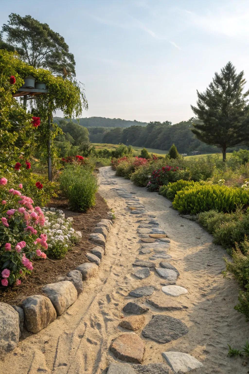 Sand and stones bring coastal charm to garden paths.