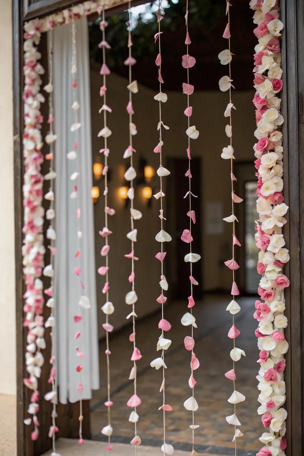A fanciful curtain crafted from suspending floral discs