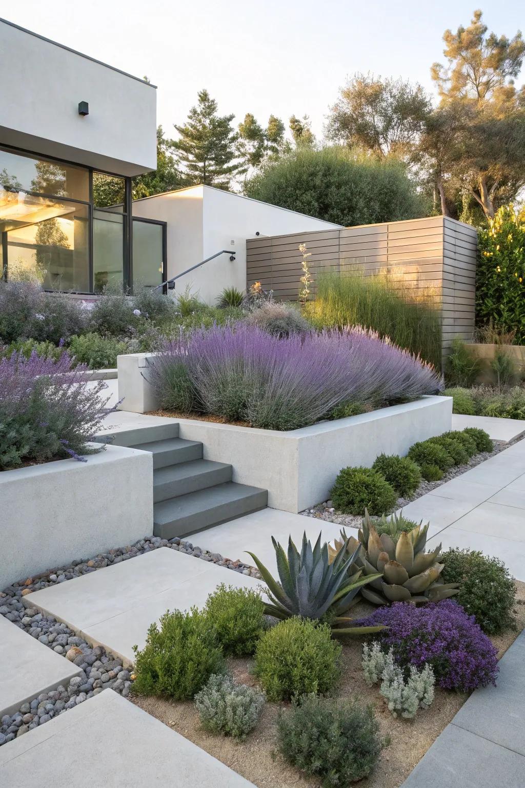 A modern garden featuring 'Silver Whisper' and succulents.
