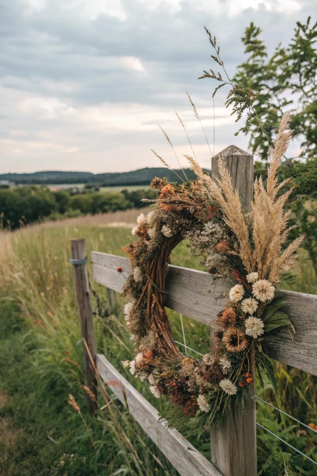 Foraged seedpods and air-dried flowers create a natural wreath.