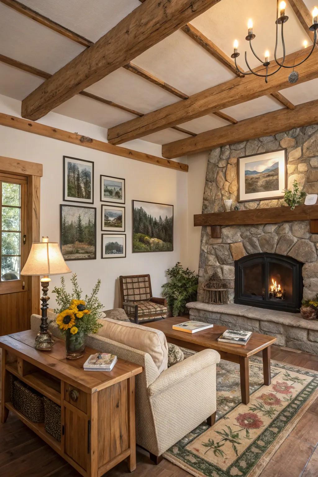 A living room complemented by countryside partition art.