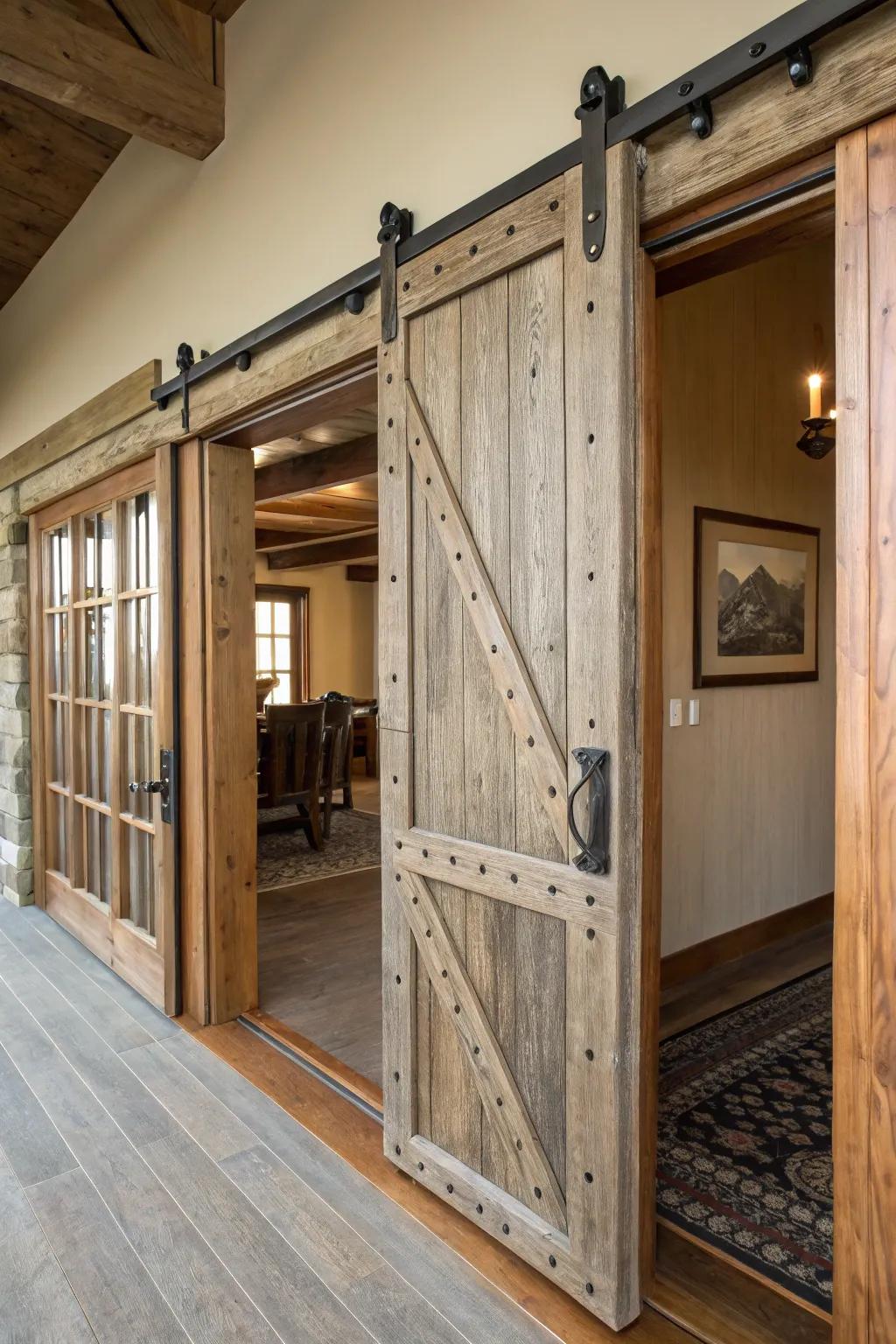 Rustic hardware tracks inject function and style into sliding portals.
