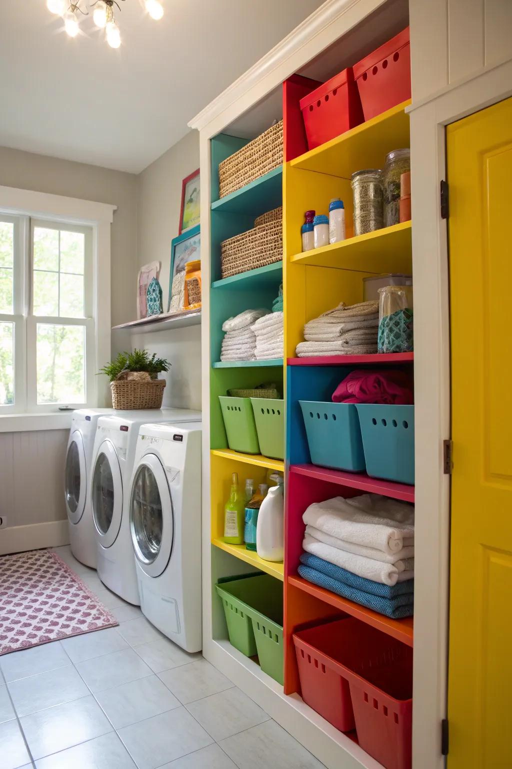 Boldly painted shelves inject a splash of color and uniqueness.