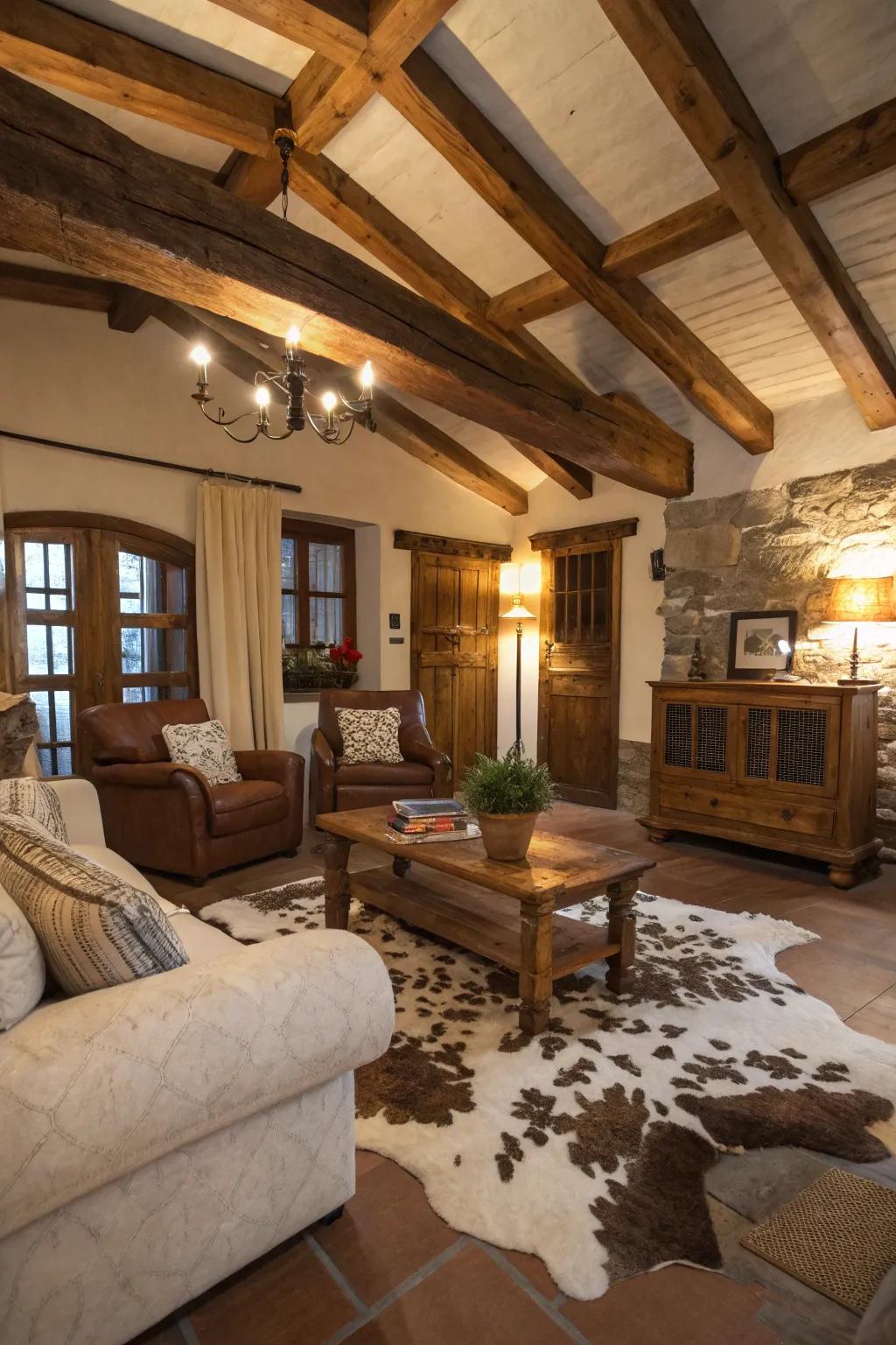 Bovine hide overlays lend consistency and a rustic periphery to living spaces.